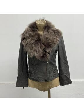 Vintage Y2K Slate Grey Leather Jacket with Fox Fur Collar